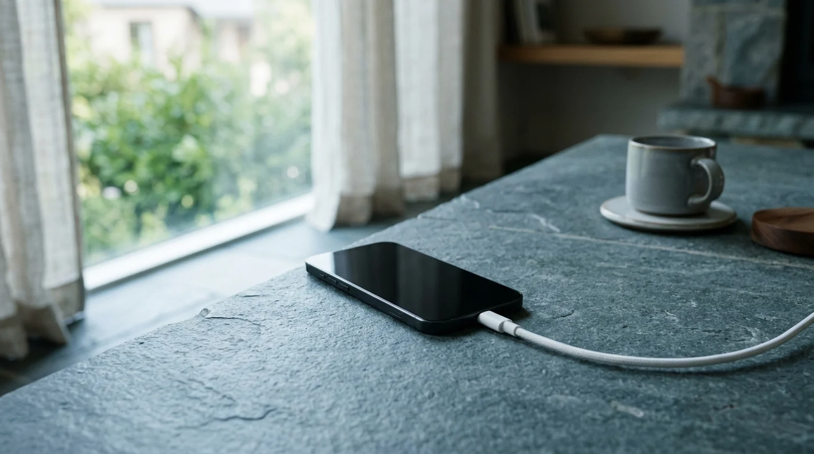 Smartphone charging on a cool stone surface away from sunlight