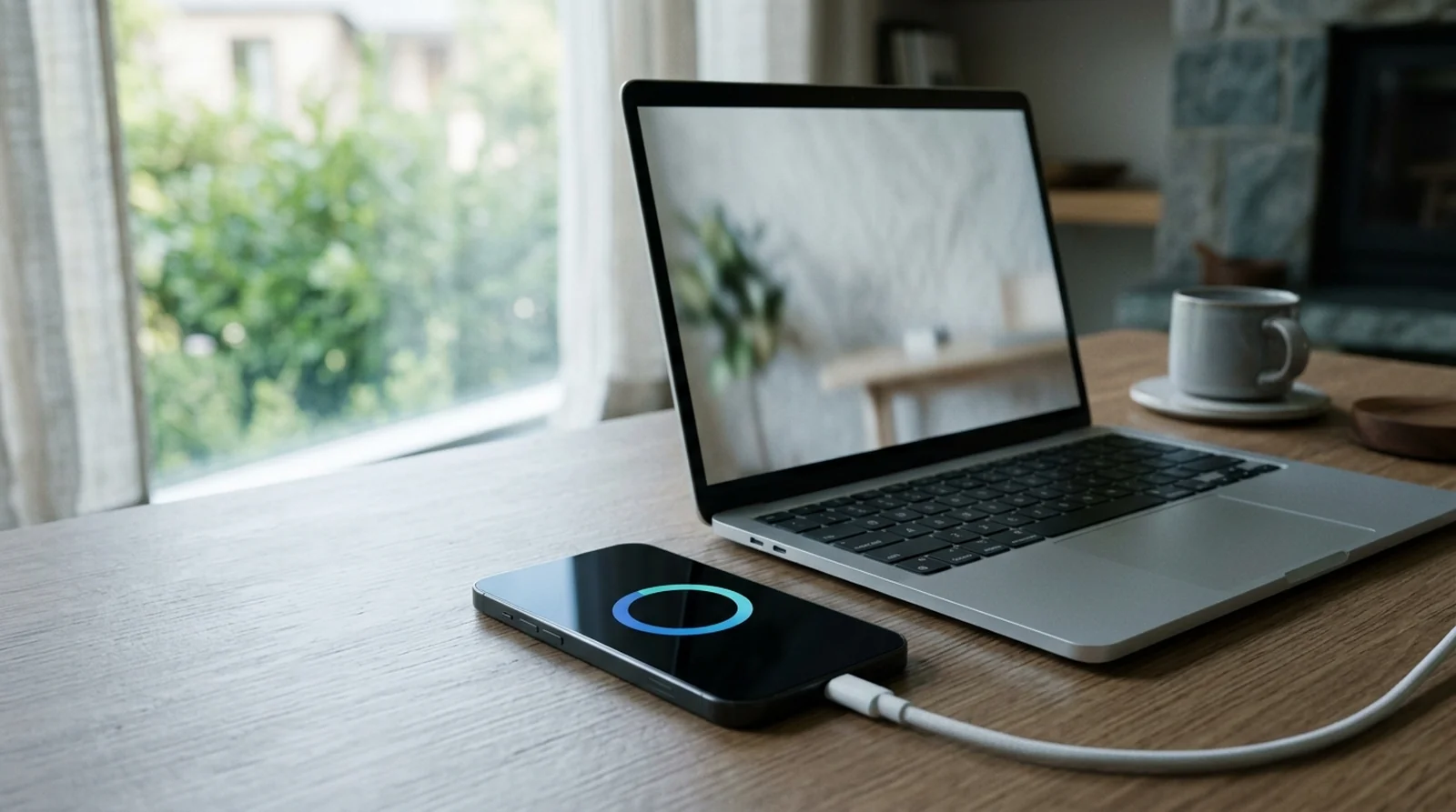 Phone showing an update progress ring next to a laptop
