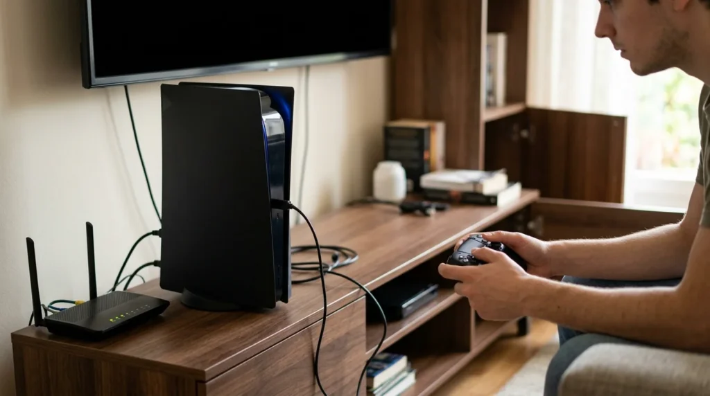 PS5 Not Connecting to WiFi? 12 Fixes That Actually Work Gamer holding a controller beside a console and router while fixing a PS5 not connecting to WiFi