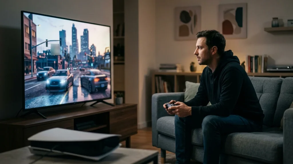 Is the PS5 Pro Worth Buying Just for GTA 6 Gamer on a sofa playing an open-world driving game on a large TV with a white console, for a PS5 Pro GTA 6 buying guide