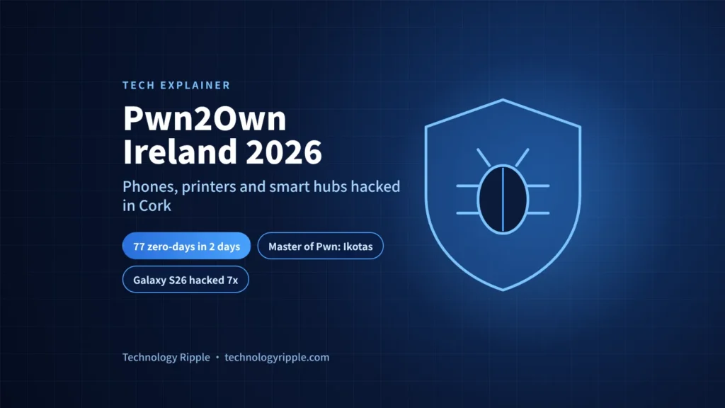 Pwn2Own Ireland 2026 results graphic showing hacked phones, printers and smart home devices