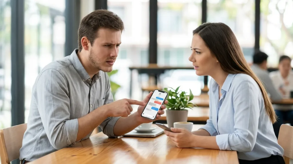 Two people comparing phones at a cafe table because RCS not working with one person