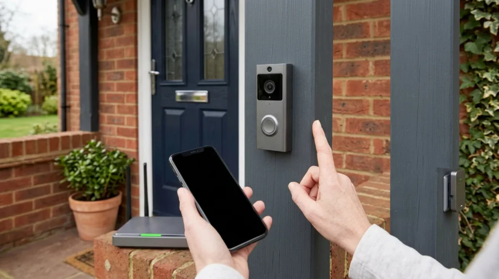 Ring Doorbell Keeps Going Offline? 10 Fixes That Work Person holding a phone beside a video doorbell and router while fixing a ring doorbell keeps going offline problem