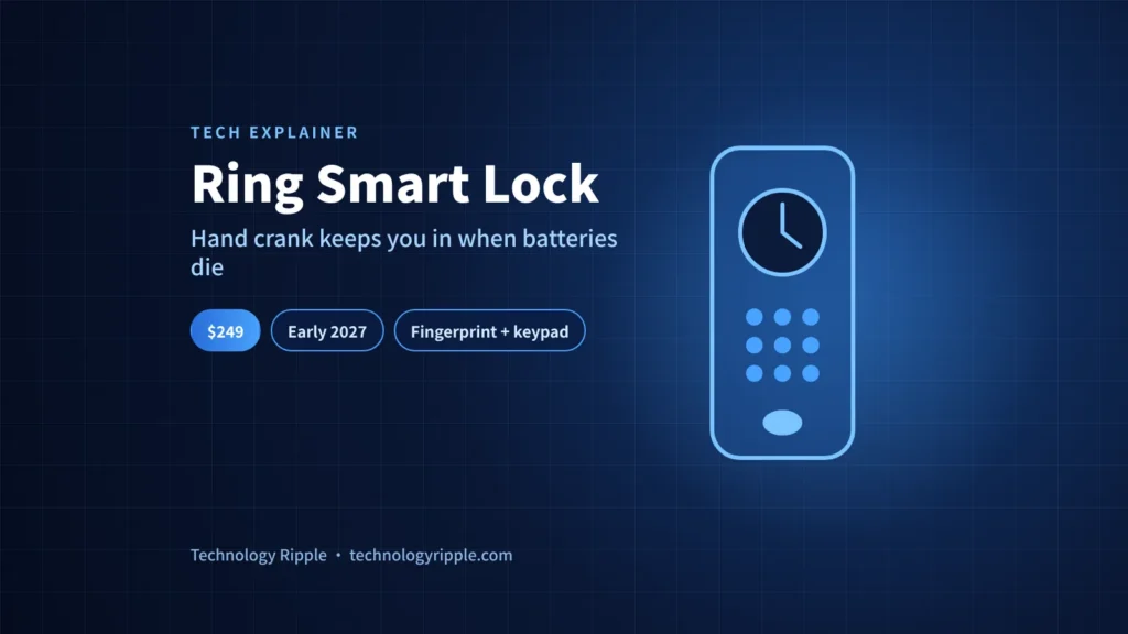 Ring smart lock with fingerprint reader, keypad and hand-turned power dial on a front door