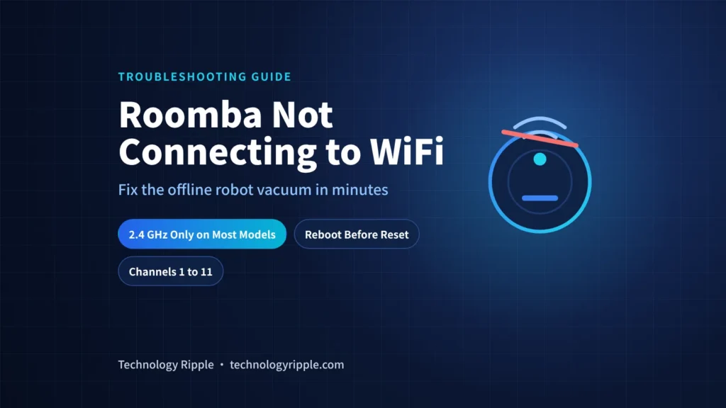 Roomba not connecting to WiFi troubleshooting guide illustration with robot vacuum and broken WiFi signal