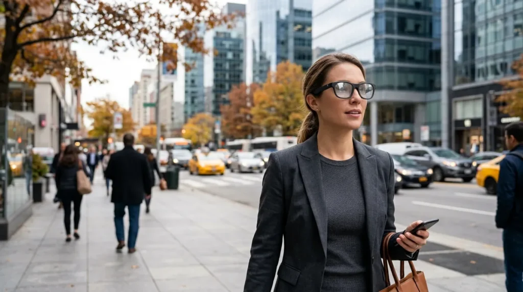 Samsung Smart Glasses: Price, Specs and November Launch Woman wearing Samsung smart glasses style eyewear on a city street