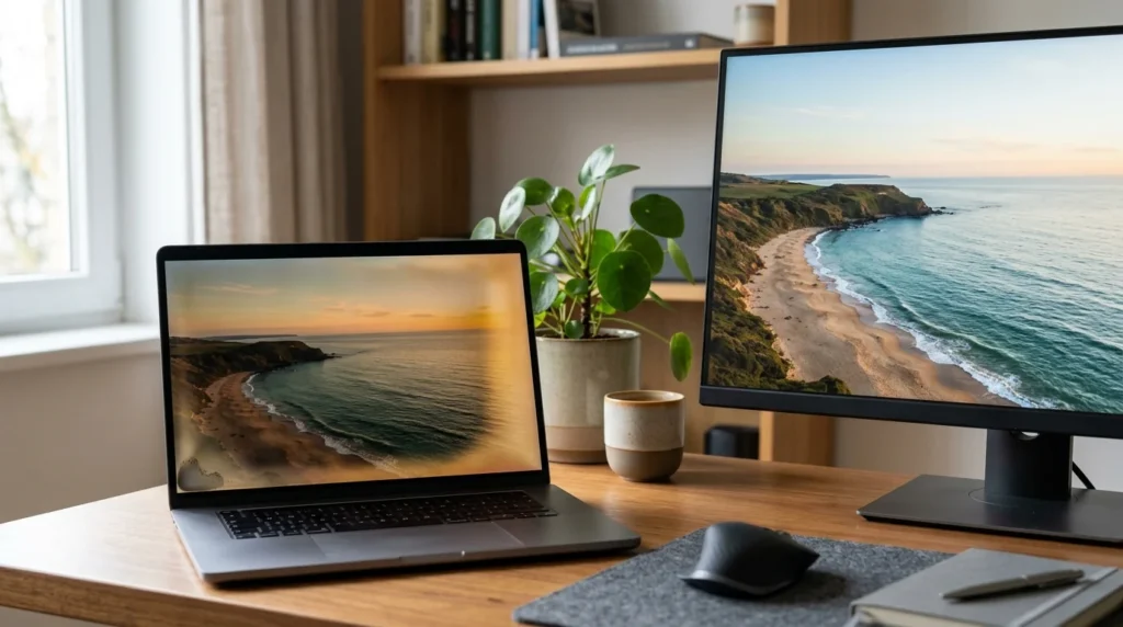 Screen discoloration on a laptop with a yellow tint beside a monitor showing normal colors
