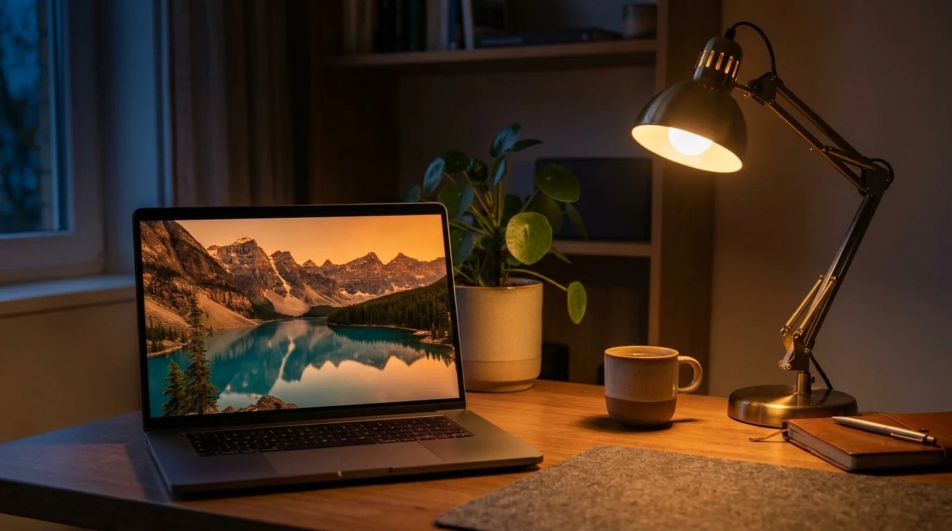Laptop screen with a warm night light tint at a desk in the evening
