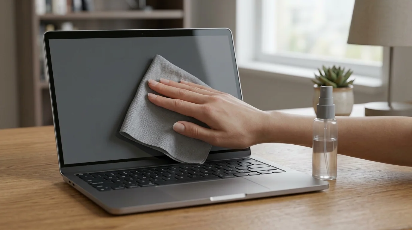Hand wiping a laptop screen with a gray microfiber cloth
