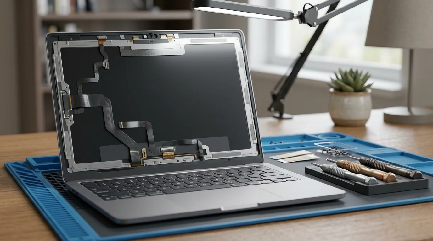 Laptop with its display panel removed on a repair bench with small tools
