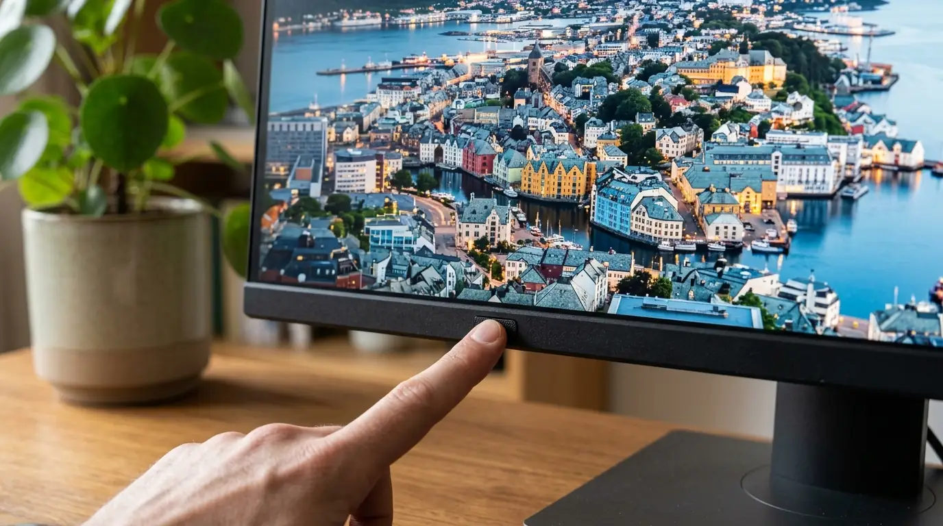 Finger pressing a monitor control button to reset the image mode