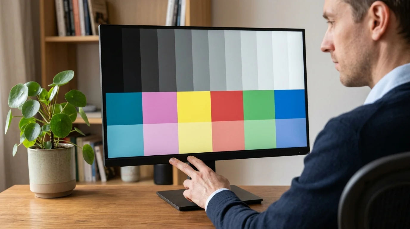 Person calibrating a monitor that shows gray steps and color swatches