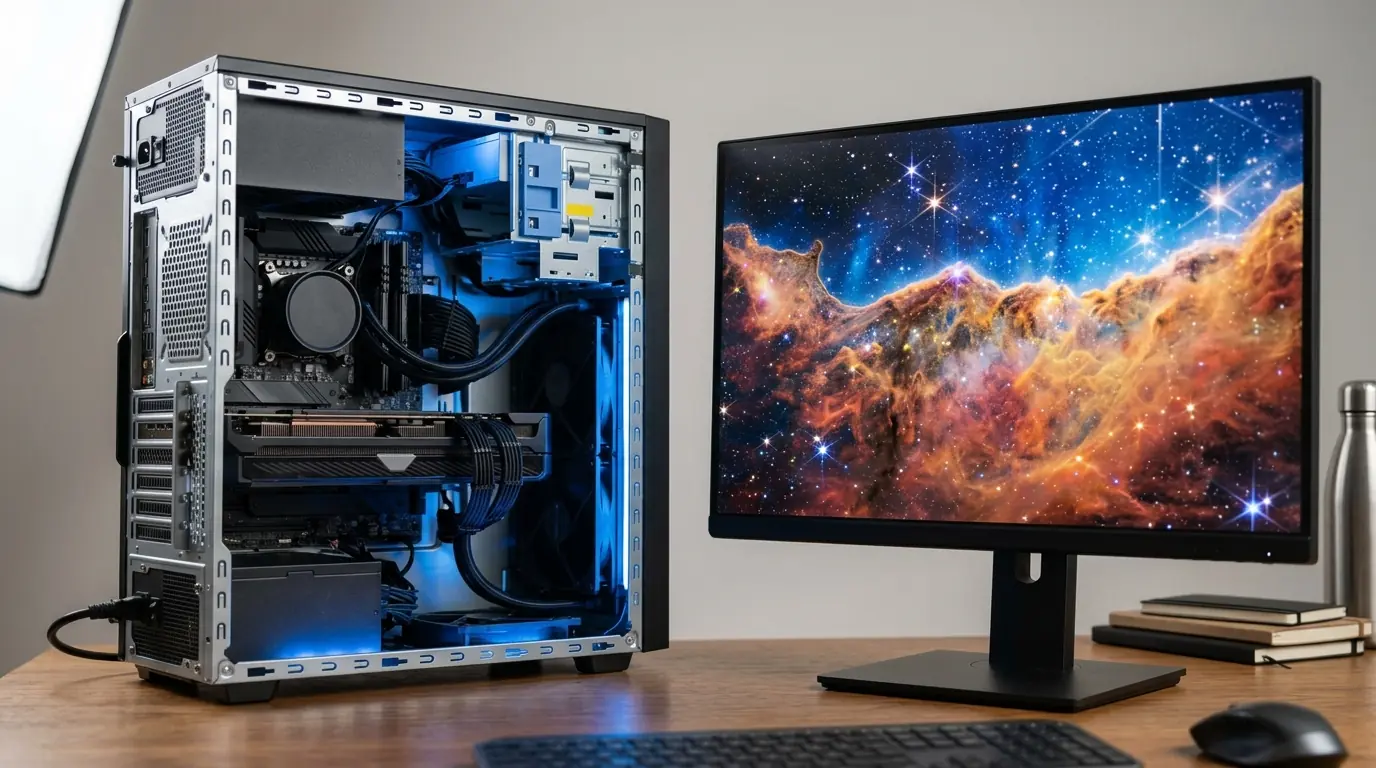 Desktop PC with the graphics card visible next to a monitor