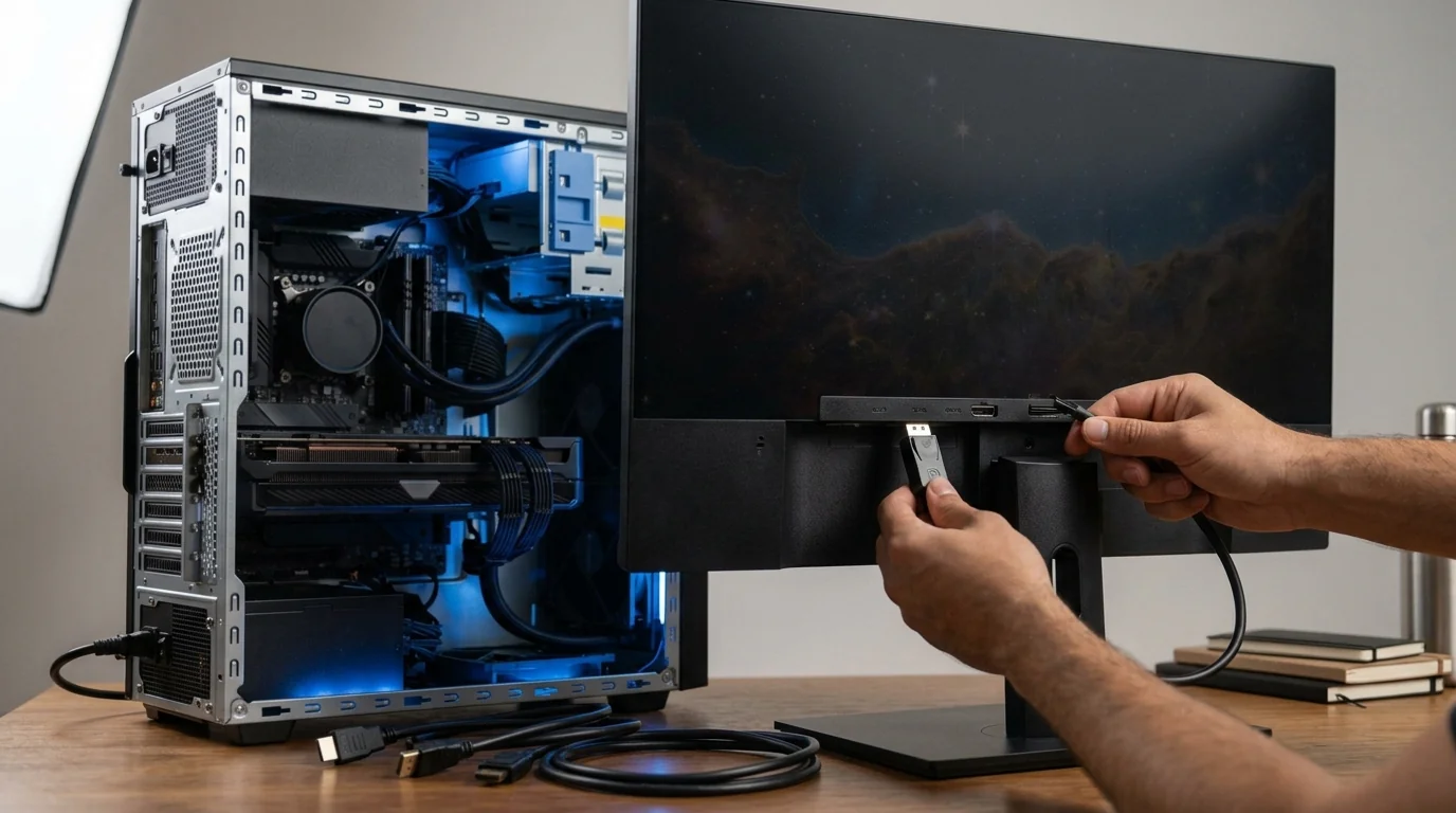 Hands plugging a display cable into the back of a monitor