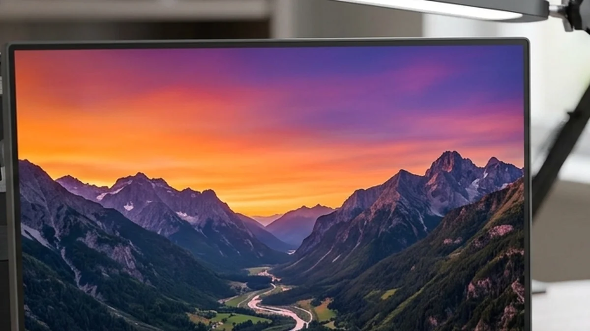 Monitor showing a sharp mountain valley sunset with smooth color gradients