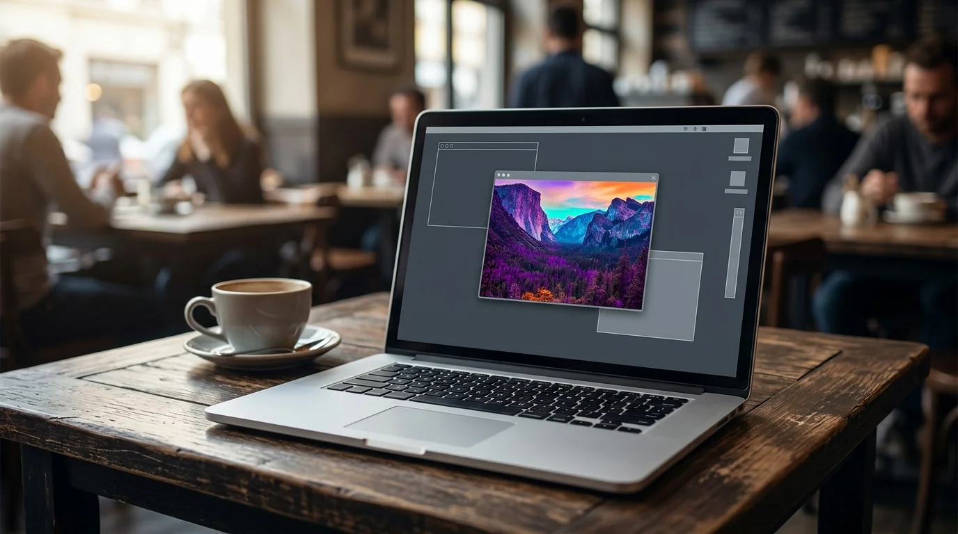 Laptop in a cafe with one app window showing oversaturated colors