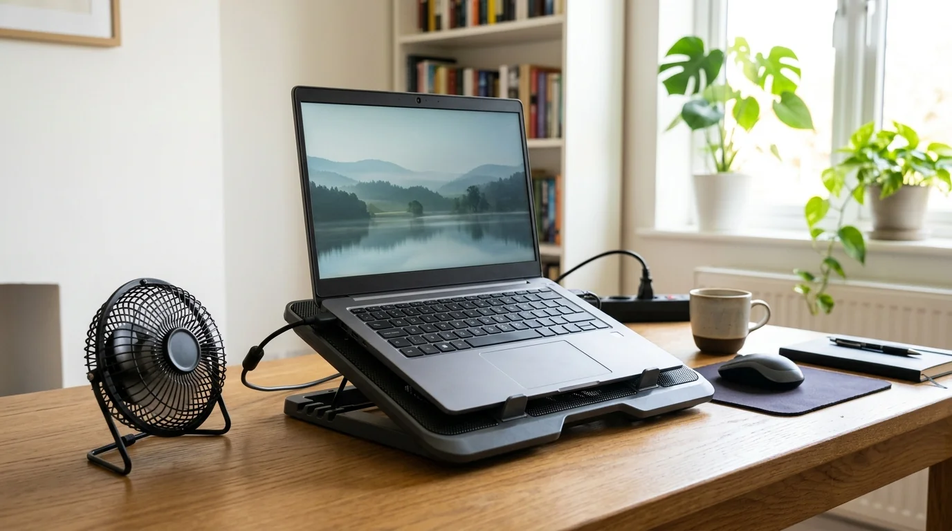 Laptop on a ventilated cooling stand with a small desk fan nearby