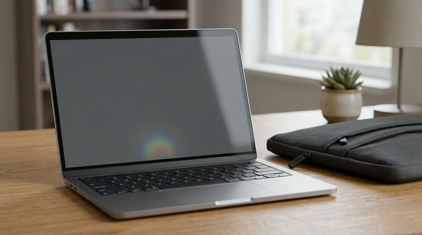Open laptop with a faint rainbow pressure spot on the lower screen