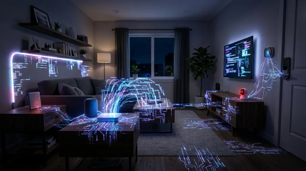Living room smart devices linked by glowing data streams showing self-replicating AI risk