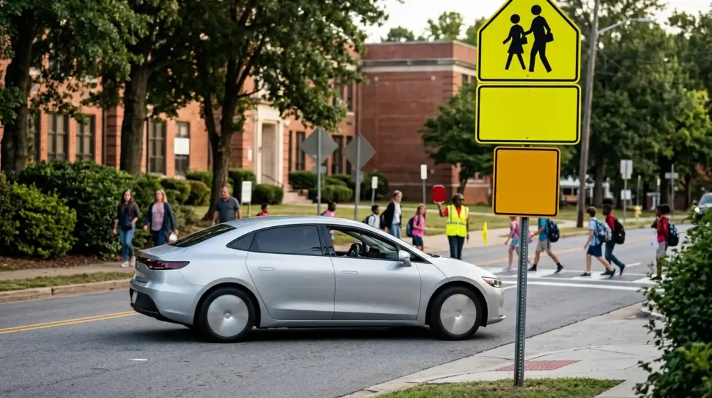 Tesla Robotaxi Investigation: School Zone Speeding Claims Tesla robotaxi investigation concept with a driverless car passing through a school zone
