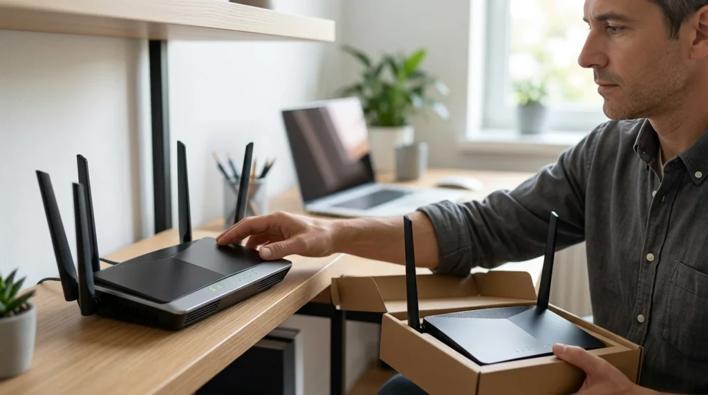 TP-Link Router Ban: Should You Replace Your Router Now? TP-Link router ban concept with a man swapping an old home router for a new one