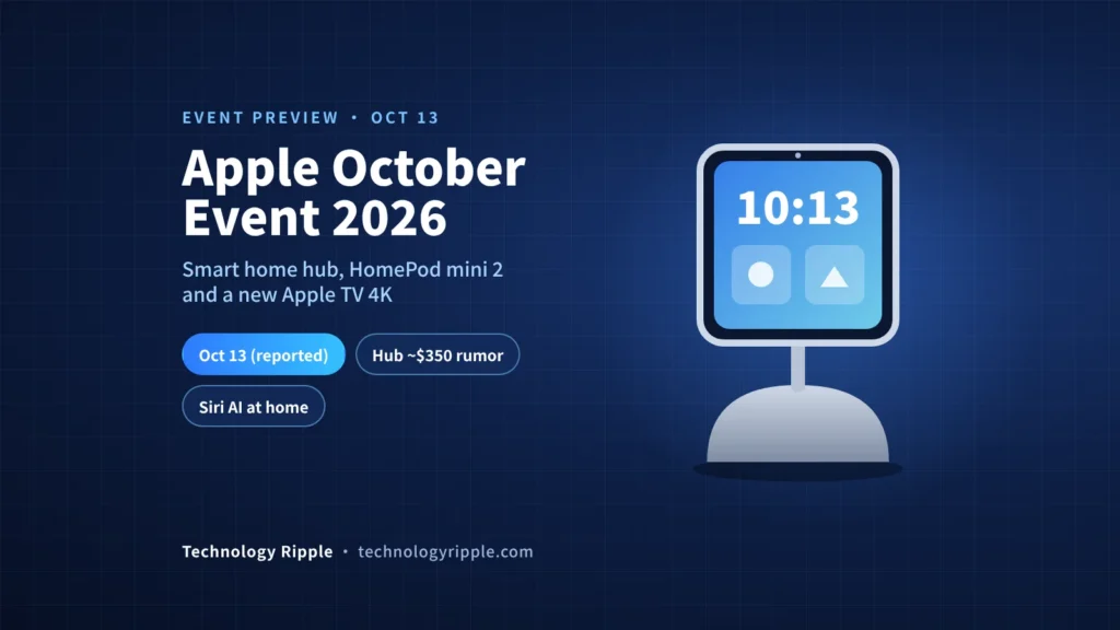 Apple October Event 2026: Date, HomePad & What to Expect Apple October event 2026 preview illustration with a smart home hub, HomePod mini 2 and Apple TV 4K key facts