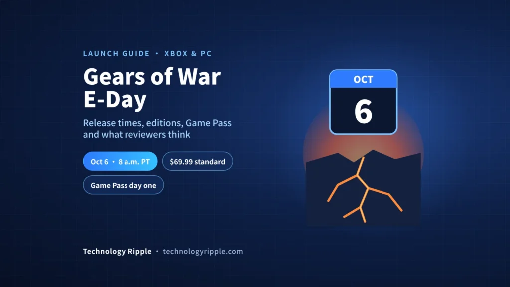Gears of War E-Day: Release Time, Price, Game Pass & Reviews Gears of War E-Day launch guide illustration with October 6 release date, price and Game Pass facts