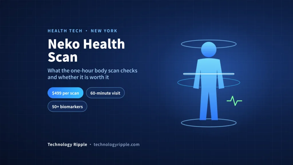 Neko Health Scan: Price, What It Checks & Is It Worth It? Neko Health scan illustration showing a body scan with $499 price, 60-minute visit and 50+ biomarkers