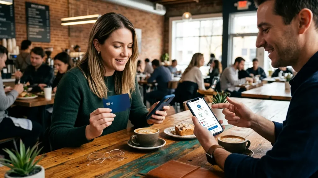Venmo Credit Card New Rewards: How 4% Split Cash Back Works venmo credit card held over a cafe table while friends split the bill on their phones