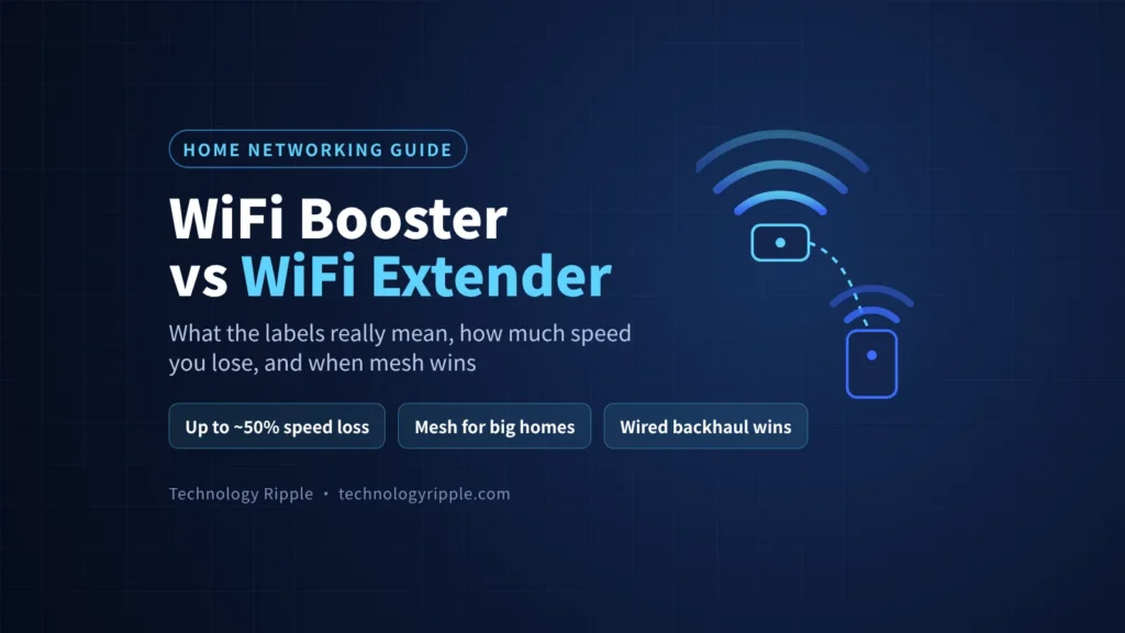 WiFi booster vs WiFi extender comparison graphic showing a router signal relayed by an extender