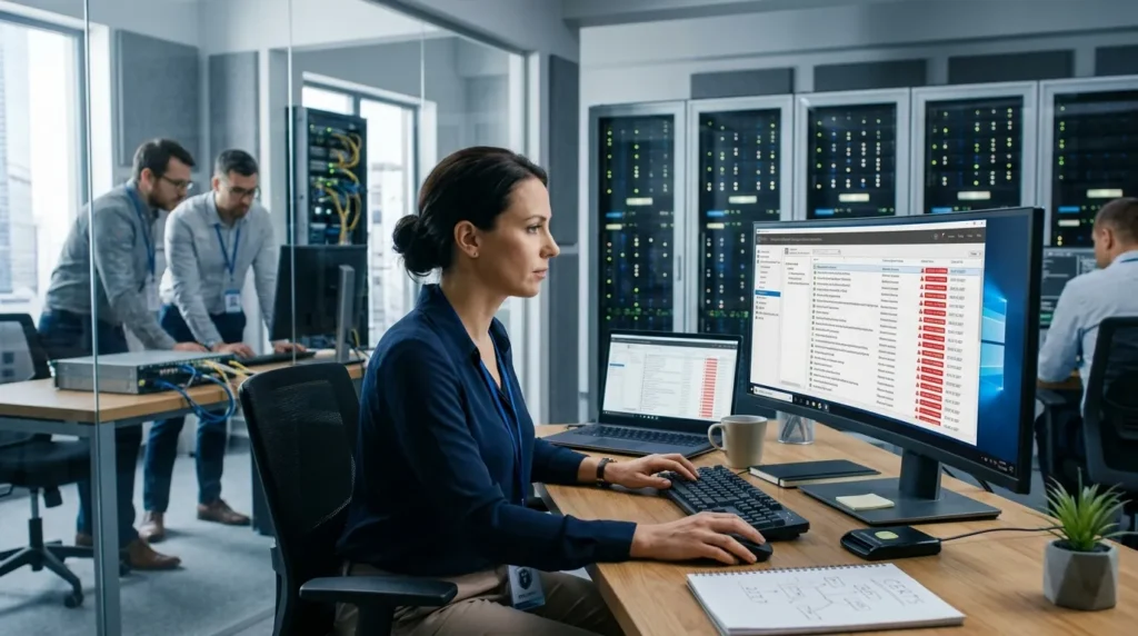 IT team checking Windows update certificate expiration status on a monitor in a server room