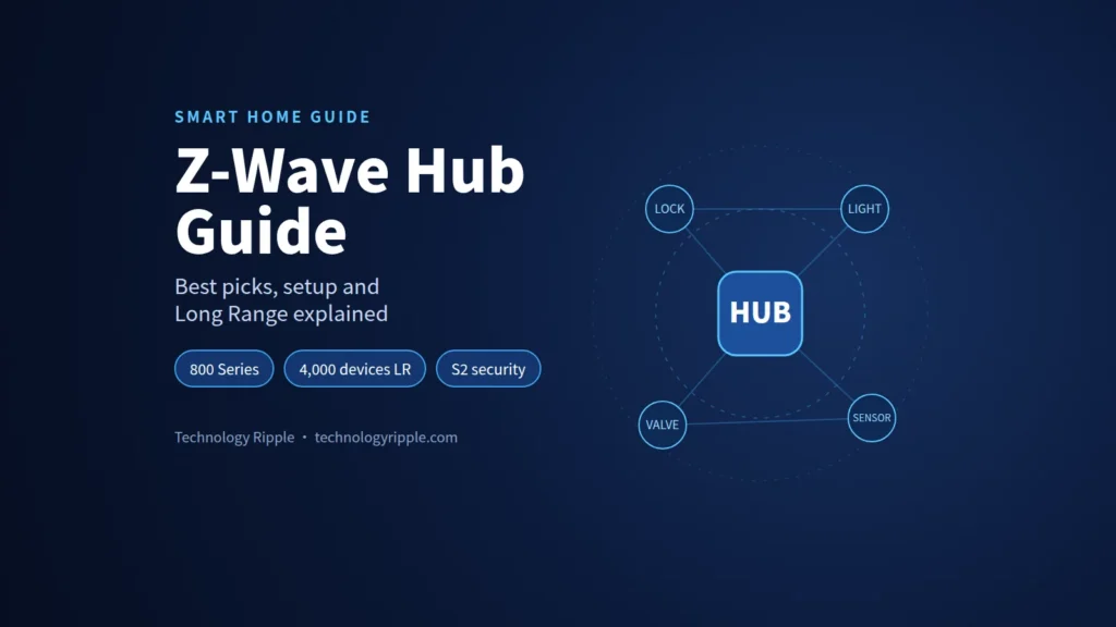 Z-Wave Hub Guide: Best Picks, Setup and Long Range Explained Z-Wave hub guide illustration: a central hub connected to a lock, light, sensor and water valve