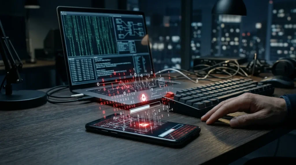 Zero-click spyware ads concept with a phone and laptop showing infected code on a dark desk